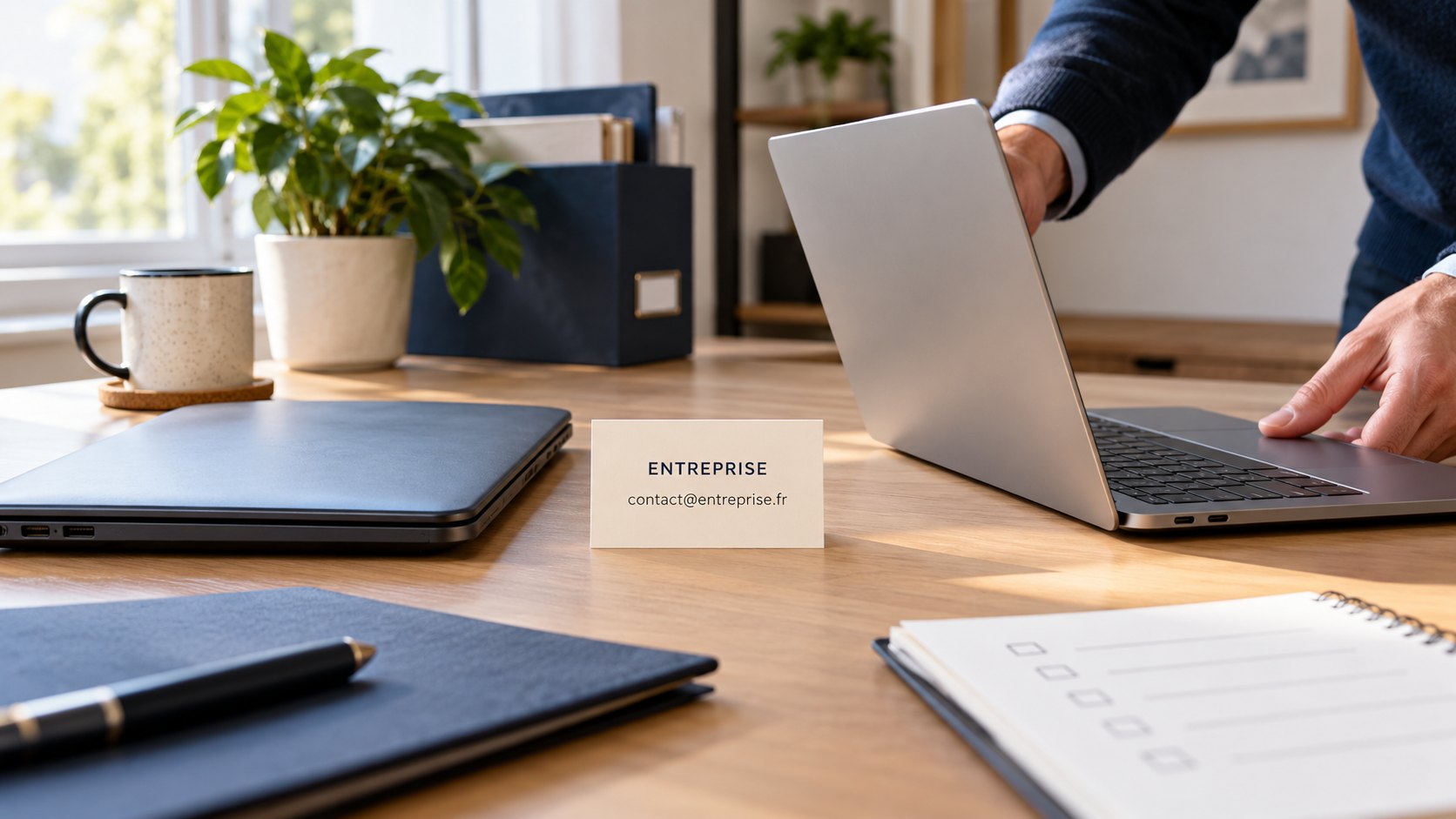 Entre deux ordinateurs, la carte de visite conserve l'adresse contact@entreprise.fr.