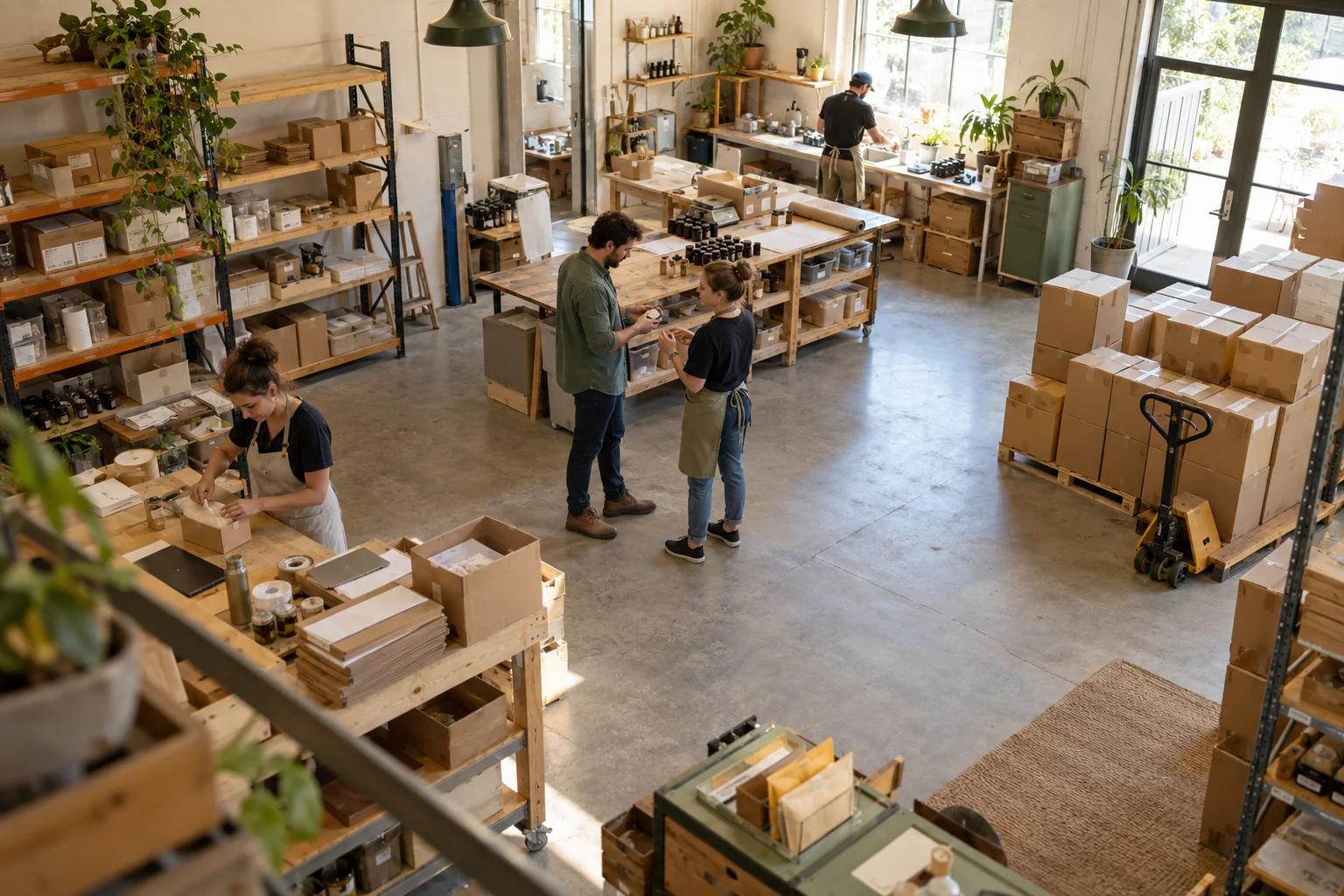 Vue en hauteur d’un atelier montrant les postes de travail, les échanges et les zones de stockage.